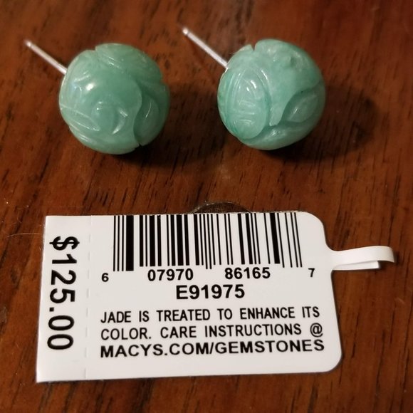 Green Dyed Jade Carved Ball Stud Earrings by R.H. Macy & Co. Fine Jewelry NWT - Picture 8 of 8